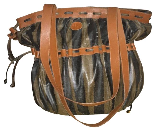 Fendi Tobacco Pequin Stipe Brown &amp; Black Coated Canvas Shoulder Bag 