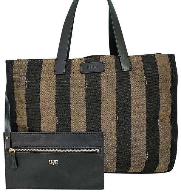 Fendi Tobacco Pequin Striped Brown Denim Tote 