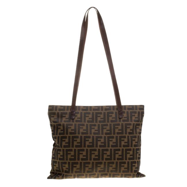 Fendi Tobacco Zucca Vintage Brown Canvas with Leather Trim &amp; Fabric Tote 