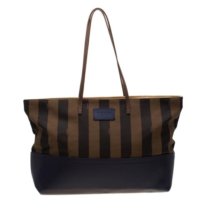 Fendi TobaccoBlue Pequin Striped and Leather Roll Brown Canvas Tote 