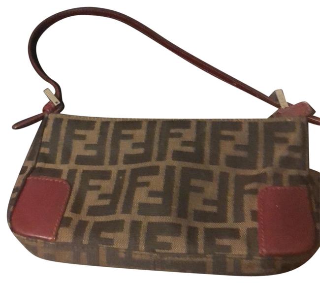 Fendi Trim Red Leather with Monogrammed Canvas Baguette 