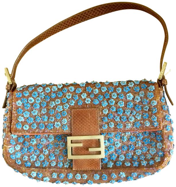 Fendi Trimmed Blue Brown Lizard Skin Leather Beaded Baguette 