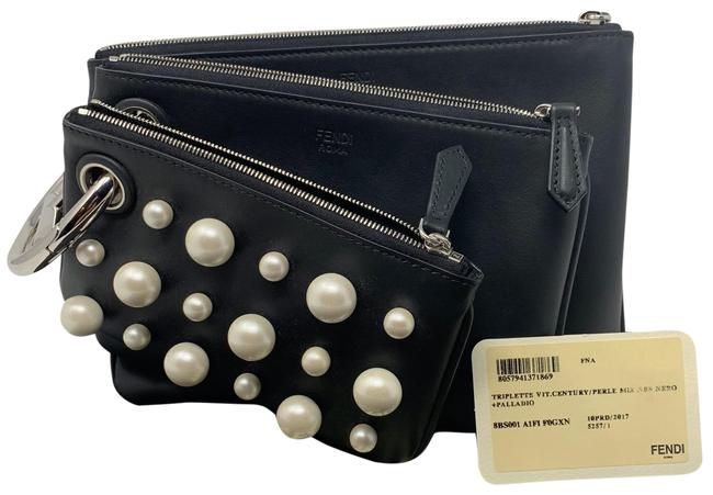 Fendi Triplette Pearl Set Of Three Pouches Black Leather Baguette 