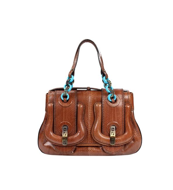 Fendi Turquoise Accent Handbag Brown Python Tote 