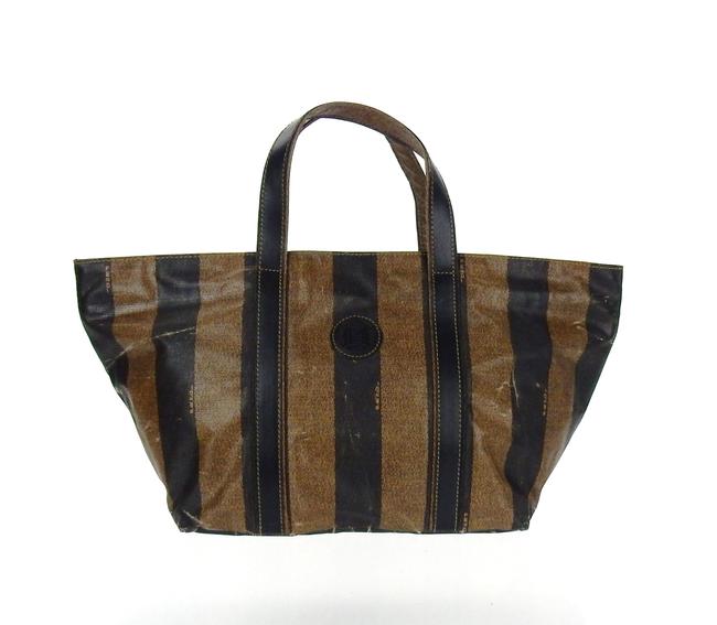 Fendi Vintage Triangle Pequin Striped Brown and Black Coated Canvas Tote 