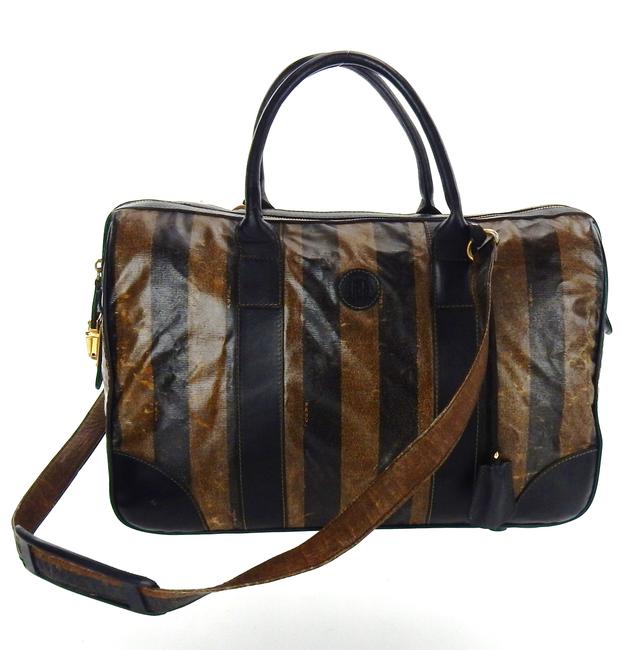 Fendi Vintage Coated Canvas Duffel Brown Pequin Striped WeekendTravel Bag 