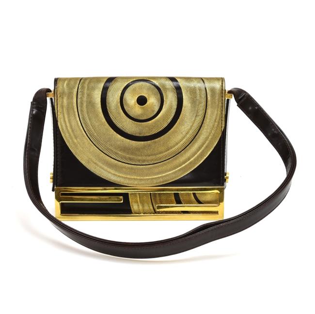 Fendi Vintage Deep &amp; Circular Swirl Flap Brown Gold Leather Shoulder Bag 