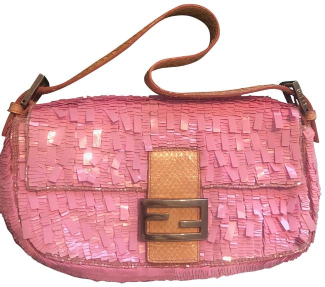 Fendi Vintage Evening Sequin Pink Snakeskin Leather Baguette 