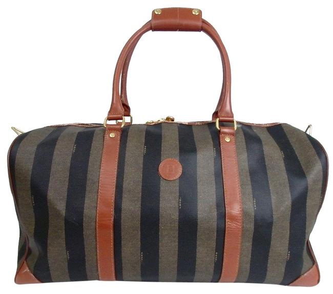 Fendi Boston Vintage Large Pequin Brown with Long Strap Coated Canvas WeekendTravel Bag 