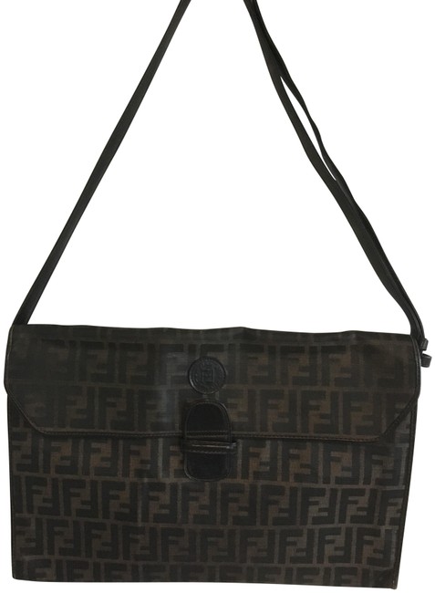 Fendi Vintage Lg Dark Brown Pvc Coated Leather Messenger Bag 