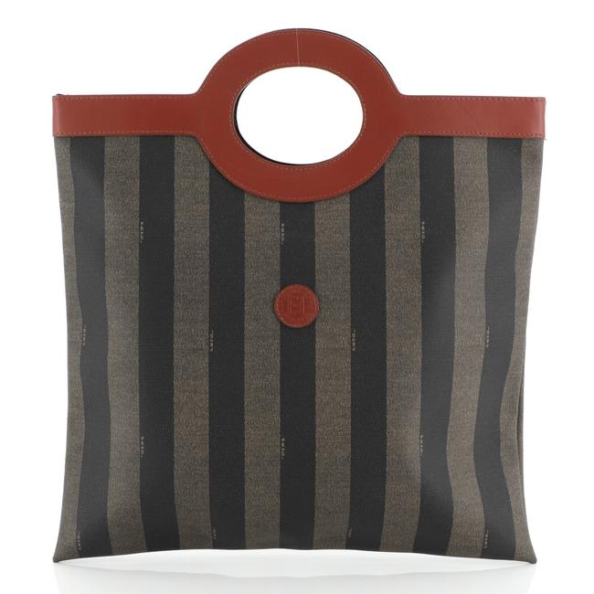 Fendi Vintage Pequin Cut Out Handle Coated Large Brown Canvas Tote 