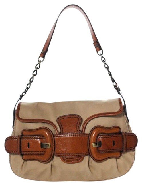Fendi B Buckle PursesDesigner Purses Orange LthrTan Cnvs Leather and Canvas Shoulder Bag 