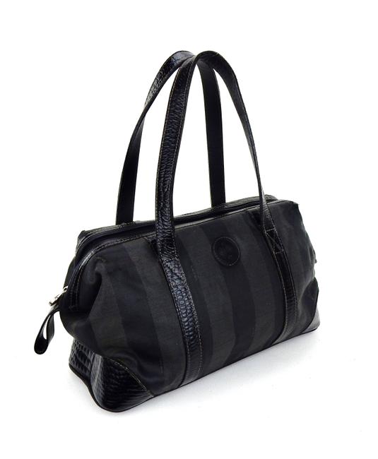 Fendi Vintage Shoulder Black Pequin Striped Canvas Leather Tote 