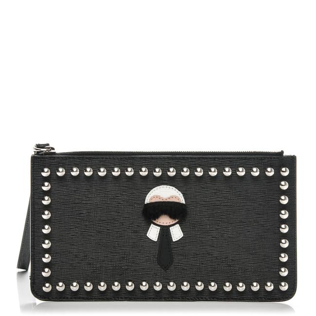 Fendi Vitello Elite Mink Fur Studded Karlito Black Leather Wristlet 