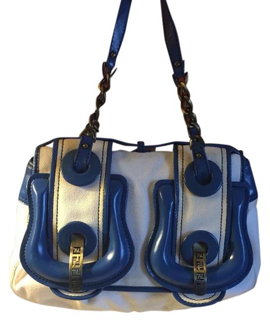 Fendi White N Blue Canvas Shoulder Bag 