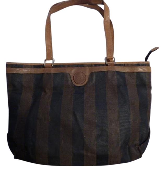 Fendi XL CanvasLeather Pequin Striped Print Coated Canvas &amp; Leather Tote 