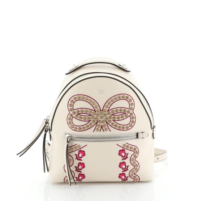 Fendi Zip Embellished Mini Print Neutral Leather Backpack 