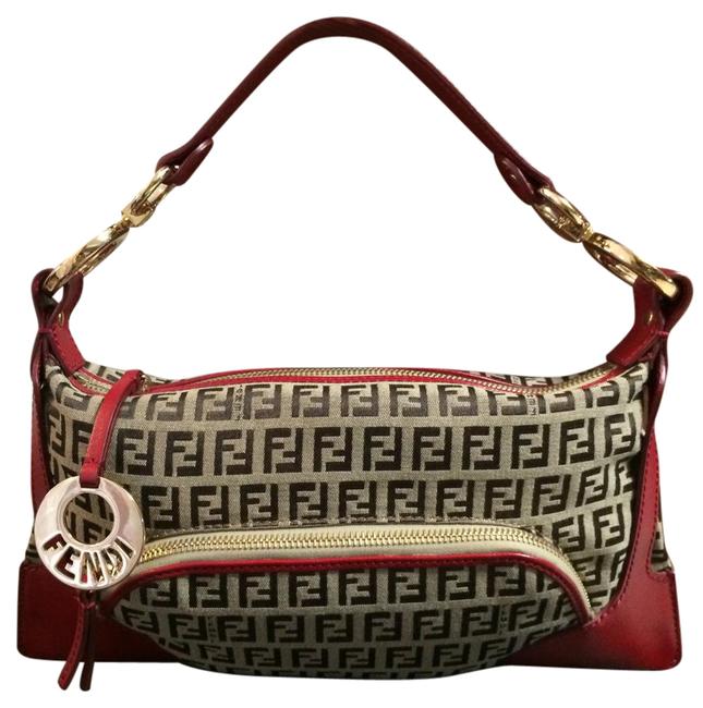 Fendi Zucca Bag. BrownRed CanvasLeather Baguette 