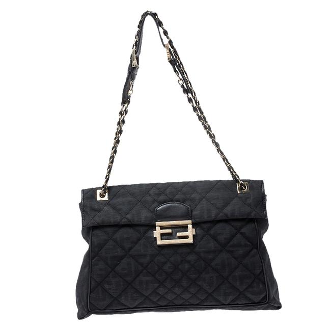 Fendi Zucca Baguette Flap Black Canvas and Leather Shoulder Bag 