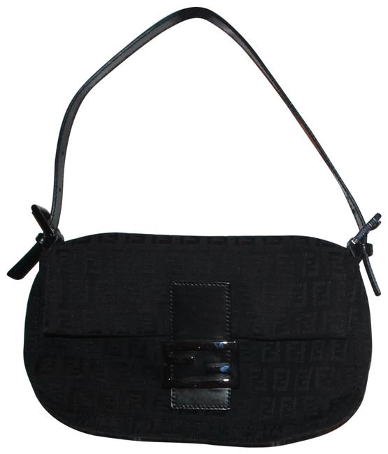 Fendi Zucca Balck Canvas W Leather Trim Baguette 