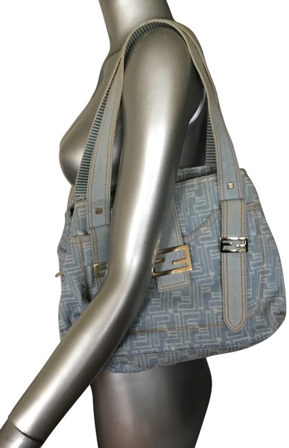 Fendi Zucca Blue Logo Denim Shoulder Bag 