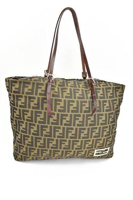 Fendi "Zucca" Brown Leather &amp; "Ff" Logo Large Shoulder Pw Tote 