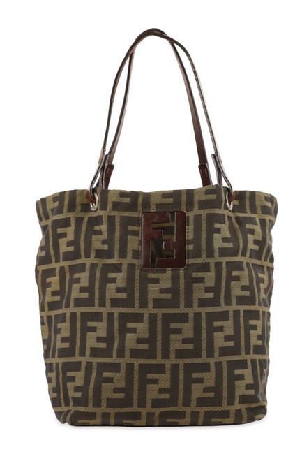 Fendi "Zucca" Brown Leather &amp; "Ff" Logo Shoulder Pu Tote 