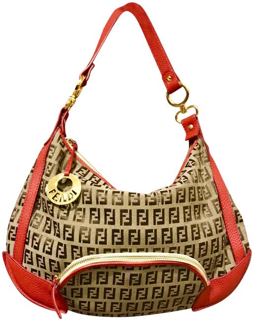 Fendi Zucca Brown MonogramRed Leather Canvas Shoulder Bag 