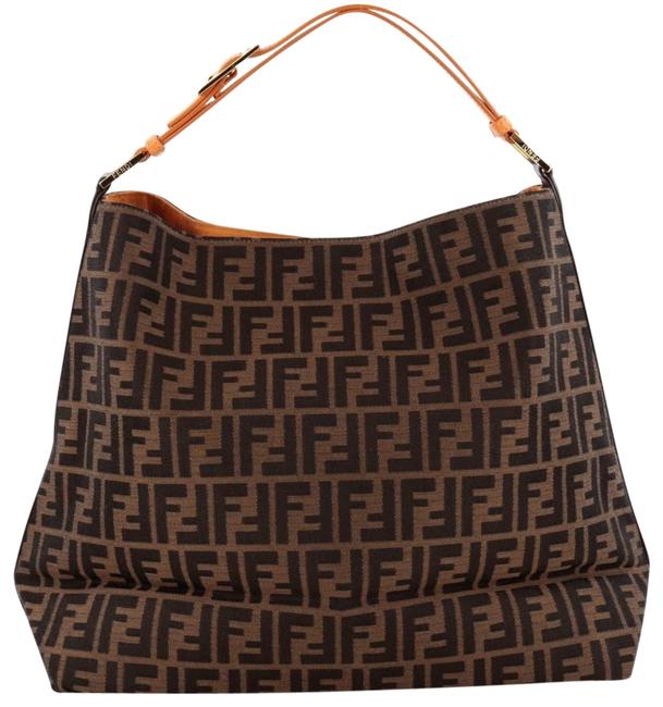 Fendi Zucca Brown Shoulder Bag CanvasLeather Tote 