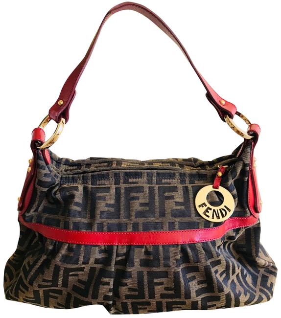 Fendi Hobo Bag Zucca Chef Brown Tobacco Red Leather Tote 