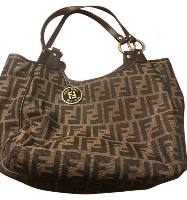 Fendi Zucca Double Strap Brown Canvas Shoulder Bag 