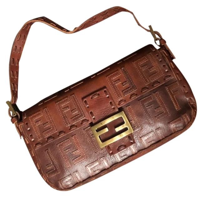 Fendi Zucca Embossed Brown Calfskin Leather Baguette 