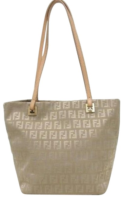 Fendi Shopping Bag Zucca Monogram Fabric Shopper Beige Canvas Leather Tote 