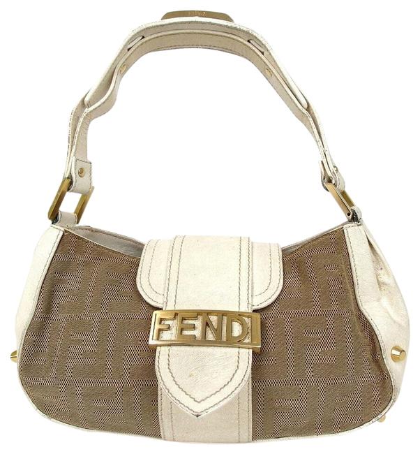 Fendi Zucca Patter Studs IvoryBrown LeatherNylon Shoulder Bag 