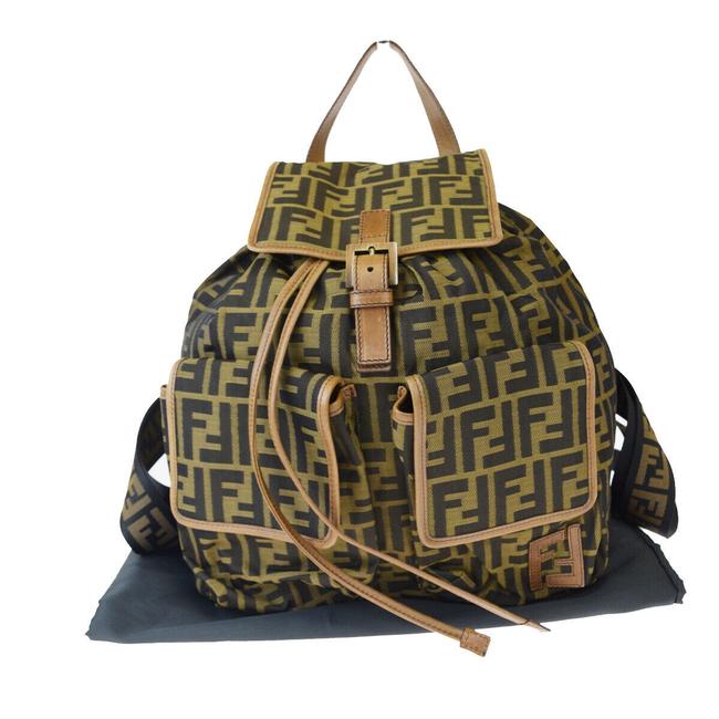 Fendi Zucca Pattern Italy Khaki Nylon Leather Backpack 