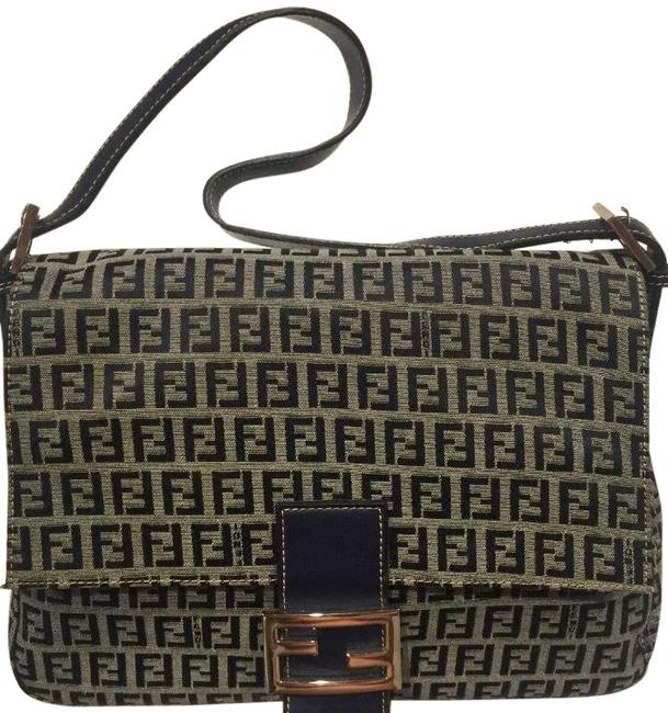 Fendi Zucca Pattern Mamma Gray Navy Canvas Baguette 