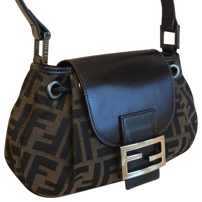 Fendi Shoulder Bag Zucca Print Drawstring Brown Canvas Leather Baguette 