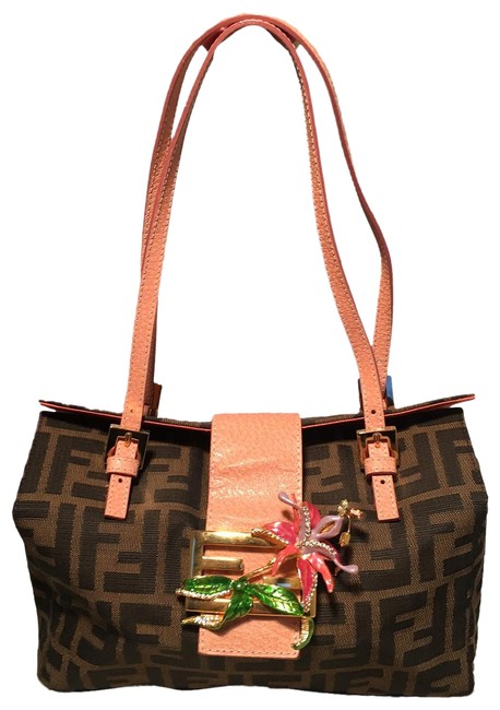 Fendi Zucca Print Embellished Flower Brown Canvas Baguette 
