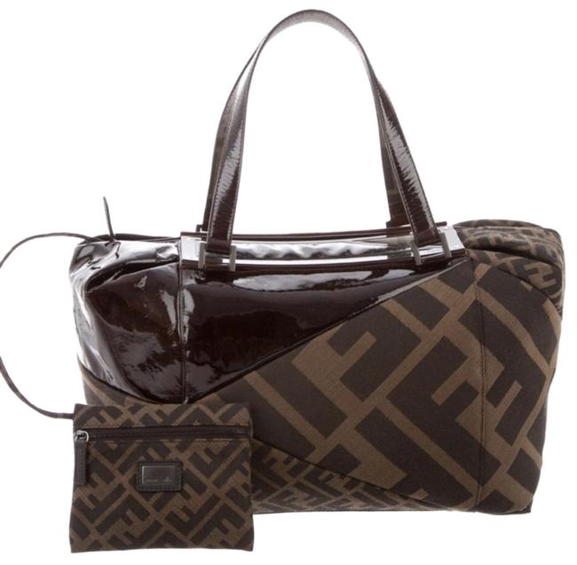Fendi Boston Bag Zucca Raddica Brown Canvas and Patent Leather Trim Tote 