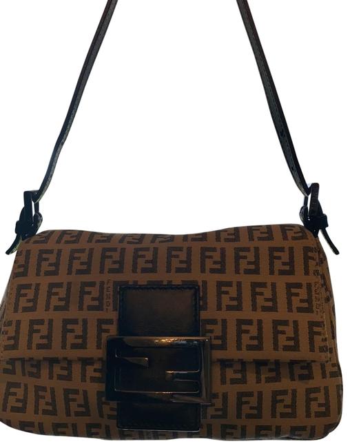 Fendi Zucca Tobacco Brown Black Writing Silver Hardware Fabric Baguette 
