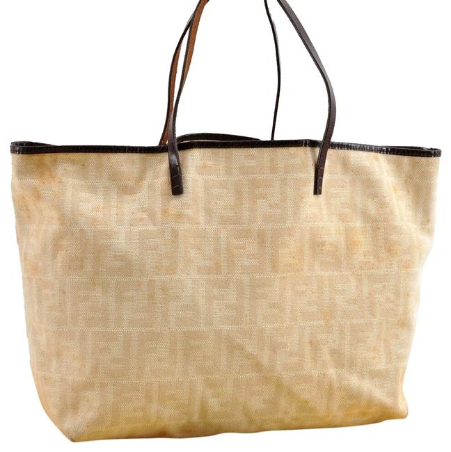 Fendi Zucca Tote Beige Canvas Shoulder Bag 