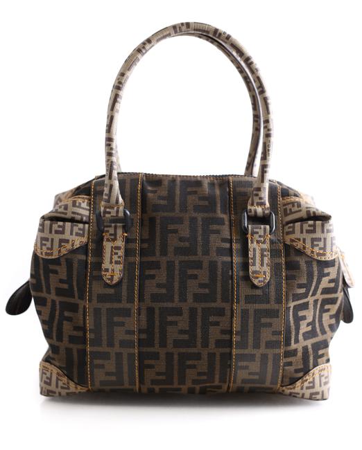 Fendi Zucca Zucchino Mixed Media Boston Tobacco Brown Canvas Shoulder Bag 