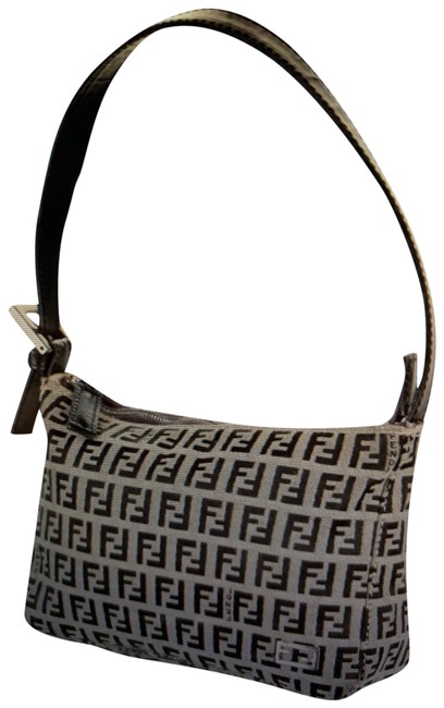 Fendi Zucchino Handle Black Beige Canvas Messenger Bag 