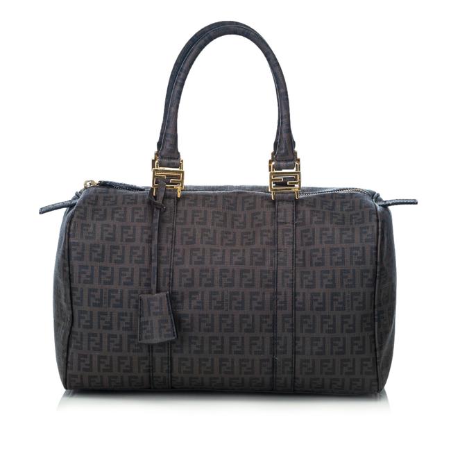 Fendi Boston Zucchino Brown Canvas Leather Shoulder Bag 