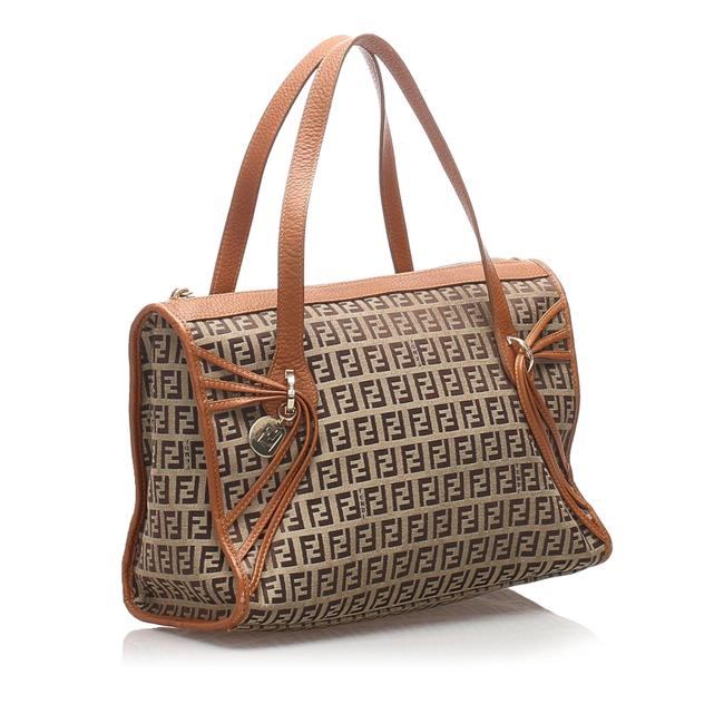Fendi Zucchino Canvas Handbag Brown Leather Shoulder Bag 