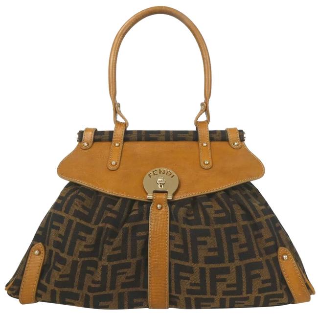 Fendi Zucchino Handbag Brown Nylon Leather Tote 
