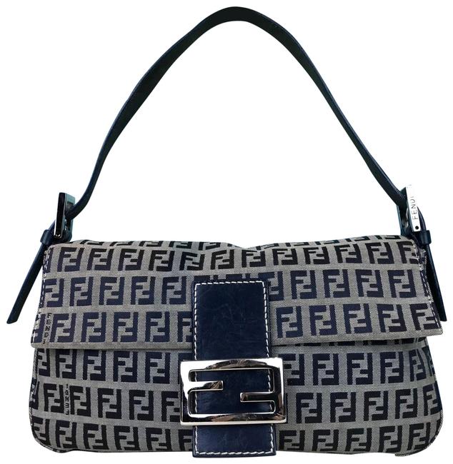 Fendi Zucchino Leather Navy Blue Canvas Shoulder Bag 