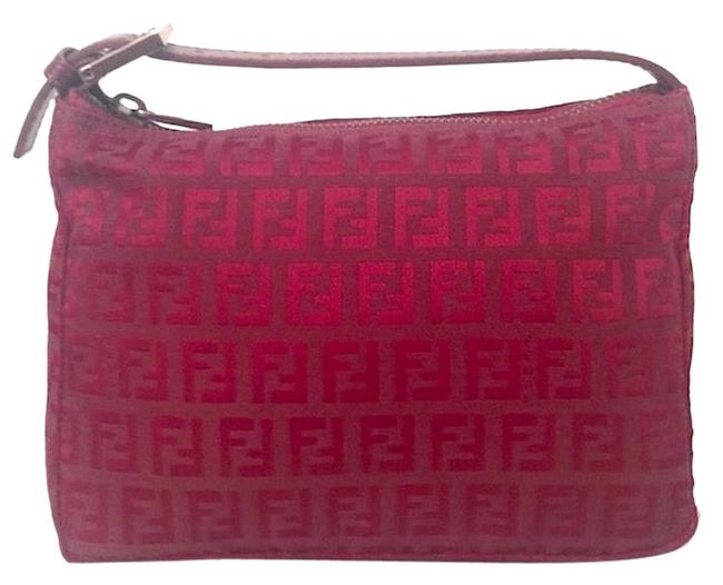 Fendi Clutch Zucchino Pouchette Red Canvas Leather Tote 