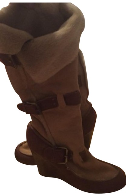 Fendi Beige Tan Buckle Wedge Heel Boots Booties 