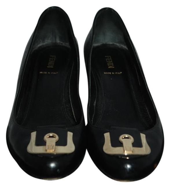 Fendi Black 520916 Leather Gold Tone Buckle 38.5 Wedges 